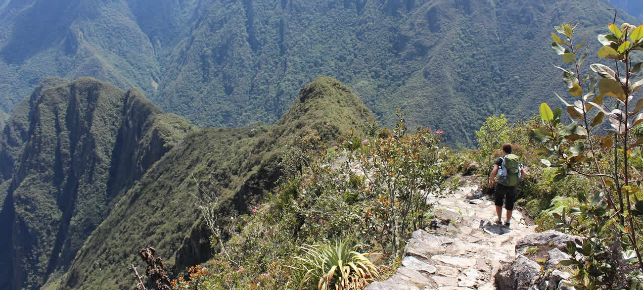 Hiker on mountain trail with stunning views.