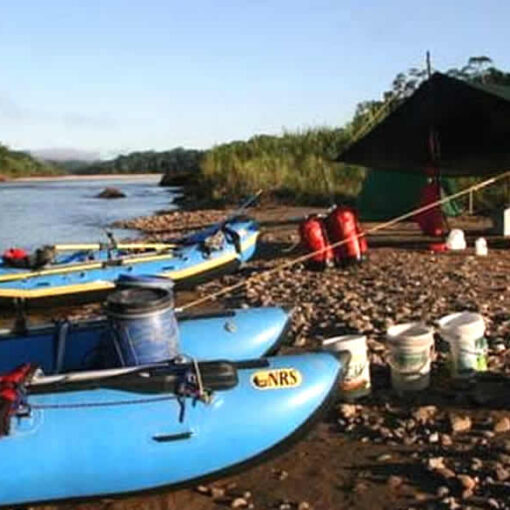 River camping with inflatable rafts.