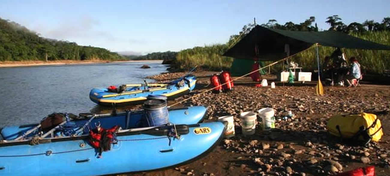 River camping with inflatable rafts.