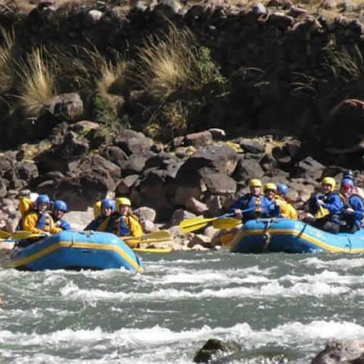 Whitewater rafting team navigating rapids.